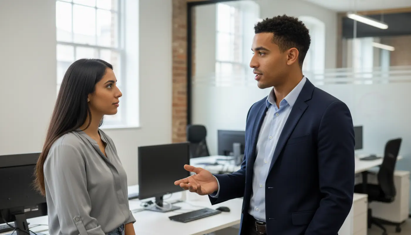 Zak and Sara discussing Shopify product strategy inside a UK office.