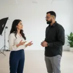 Sara and Omar collaborating inside a UK creator studio discussing TikTok ad strategy.