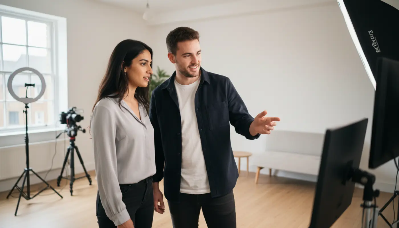 Sara and Adam discussing TikTok Shop workflow inside a UK creator studio.