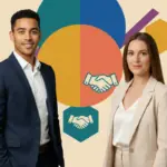 Zak and Jessica standing confidently against a geometric M&A themed backdrop representing UK agency acquisition decision making.