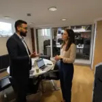 Omar and Jessica discussing SEO strategy inside a UK office in a natural editorial moment.