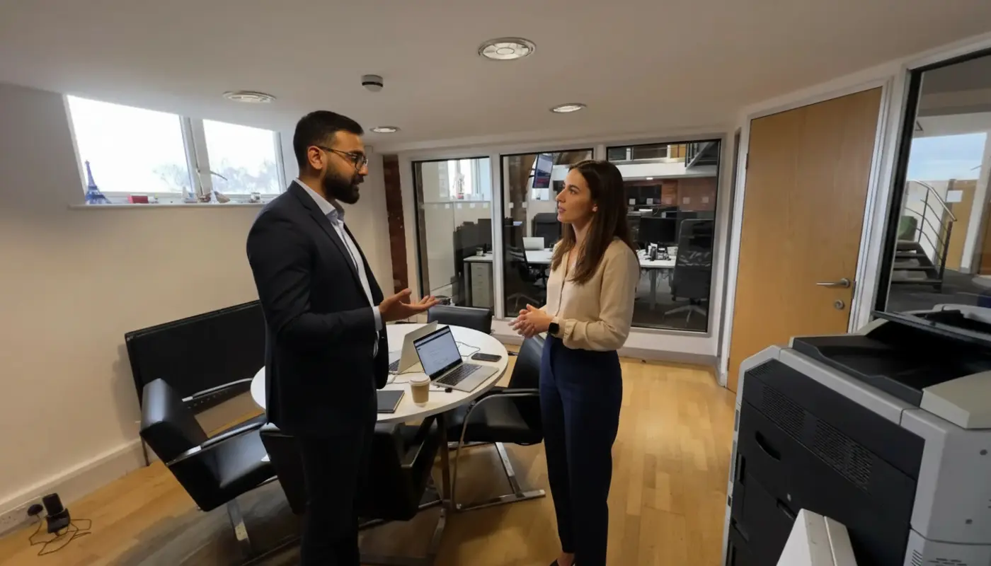 Omar and Jessica discussing SEO strategy inside a UK office in a natural editorial moment.