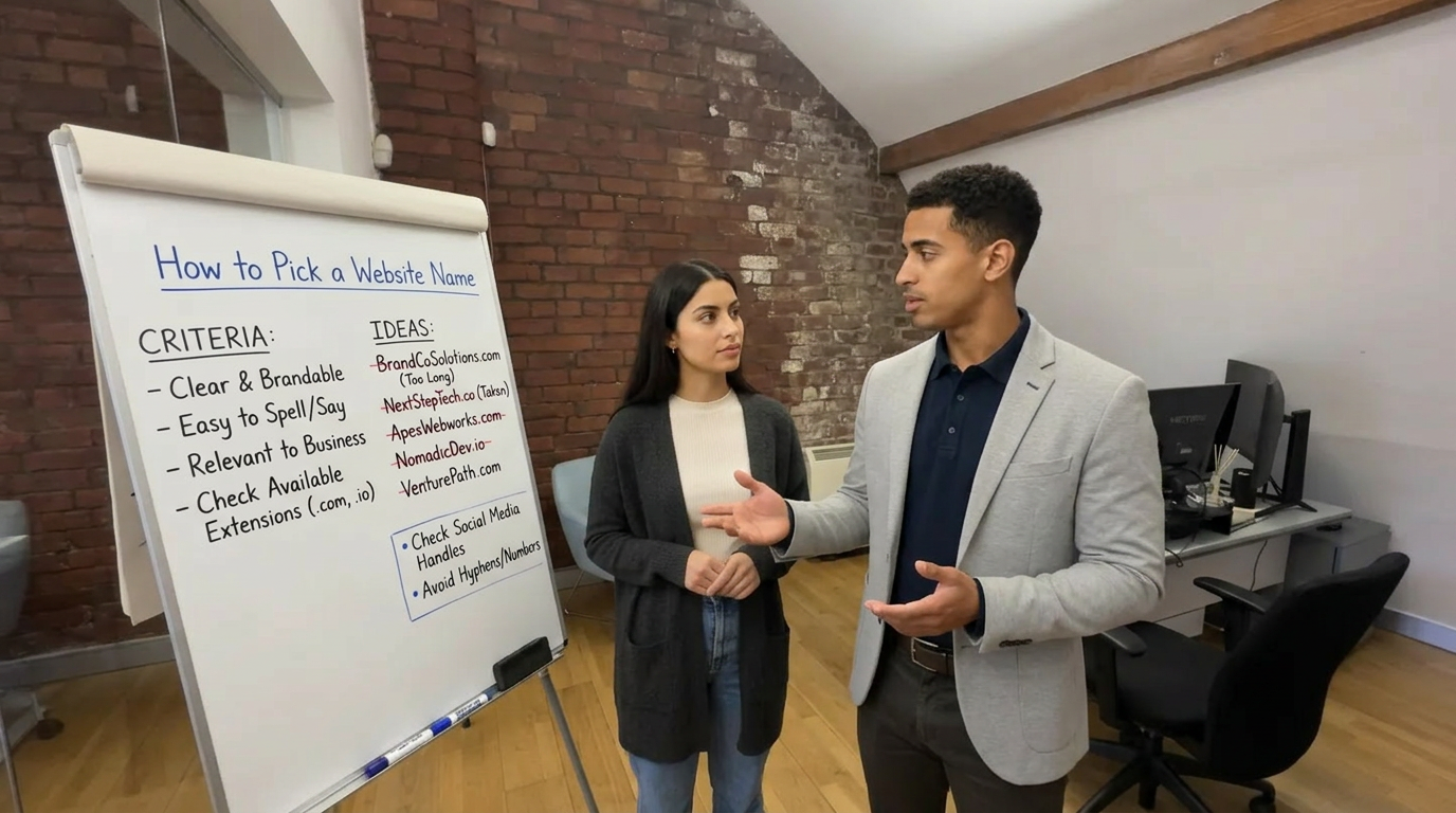 Zak and Sara discussing website‑name choices inside a UK office, captured mid‑conversation.