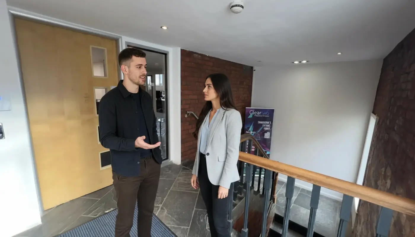 Adam and Sara discussing IT support work inside a UK office, mid‑conversation.