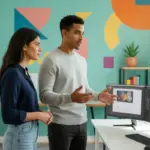 Zak and Sara collaborating in a UK design studio discussing layout ideas.