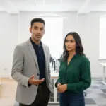 Zak and Sara collaborating in a UK office, mid-discussion.
