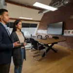 Zak and Sara discussing work inside a UK office, captured mid‑conversation.