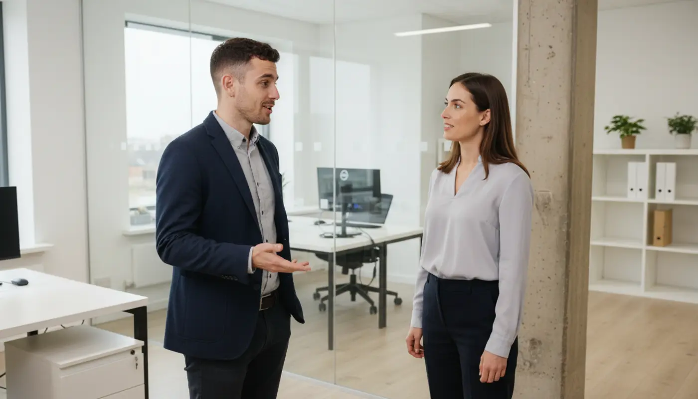 Adam and Jessica discussing digital marketing strategy inside a UK office.